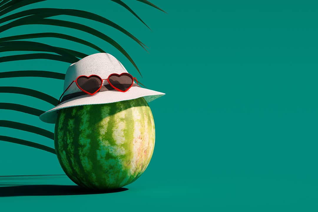 Watermelon with hat and sunglasses under the palm tree on green background