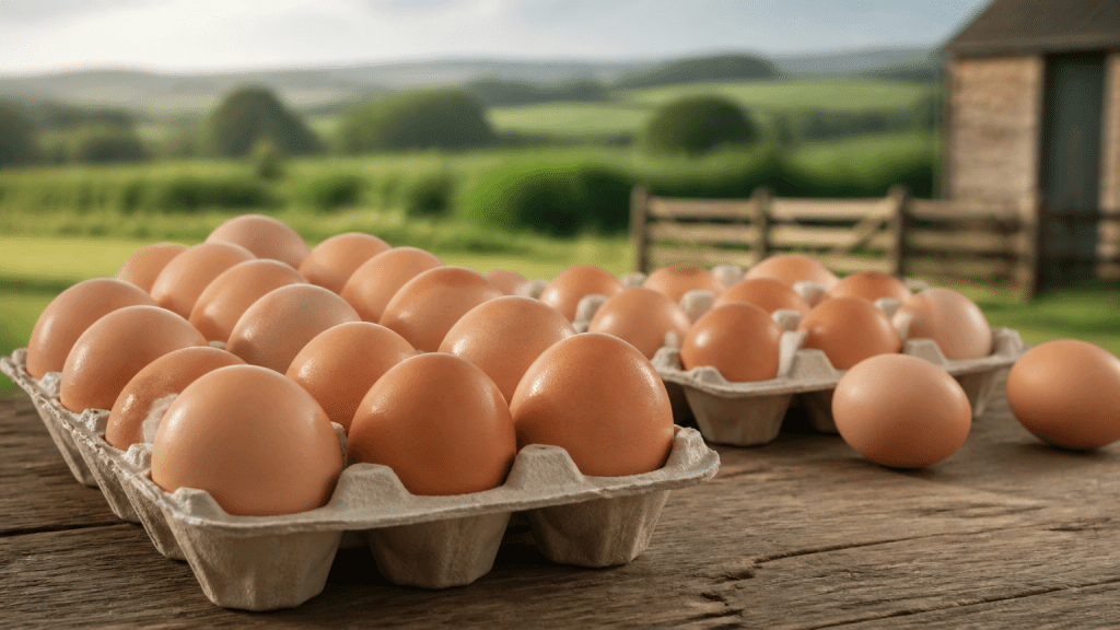 Fresh British farm eggs in cardboard trays
